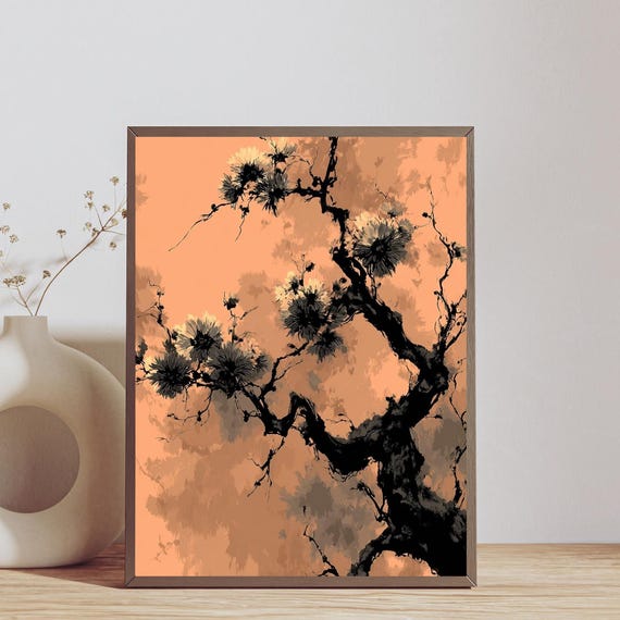 Japanese Cherry Blossom Wall Art Tree Ink Painting Poster Elegant Home Decor Zen For