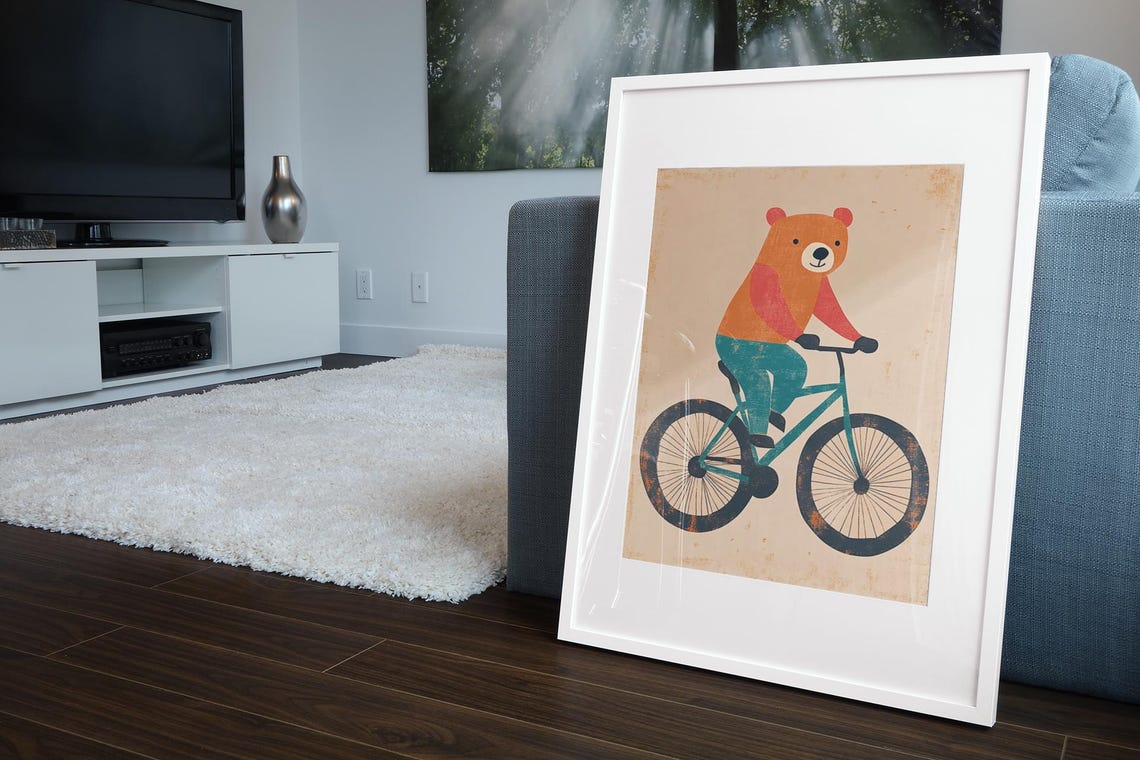 Bear On Bike Wall Art Nursery Animal Print Kids Room Decor Woodland Animal Poster Bear Art Baby Room Decor - Image 2