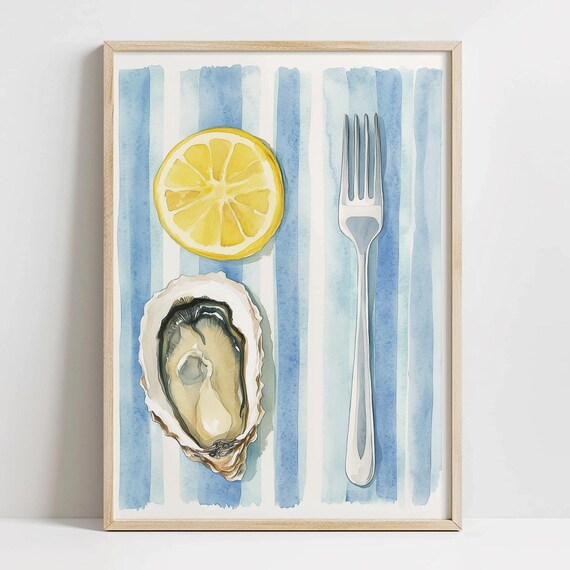 Fresh Oyster Lemon Slice Fork Coastal Chic Kitchen Art Poster
