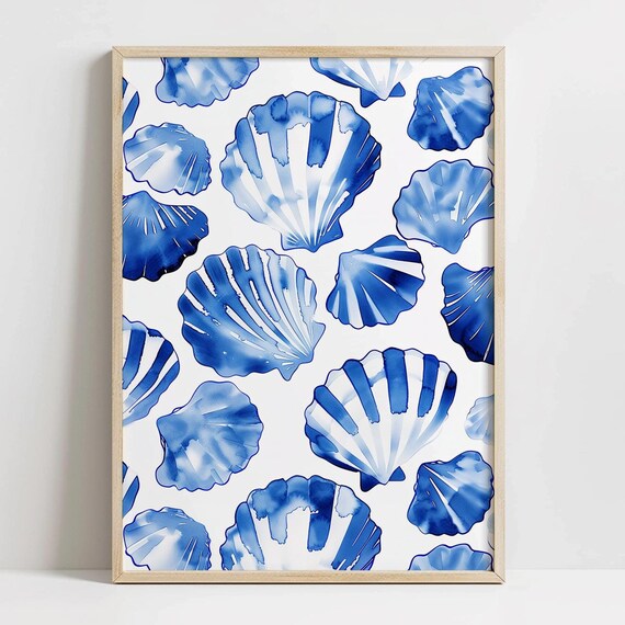 Blue Scallop Seashells Watercolor Pattern Coastal Beach Poster