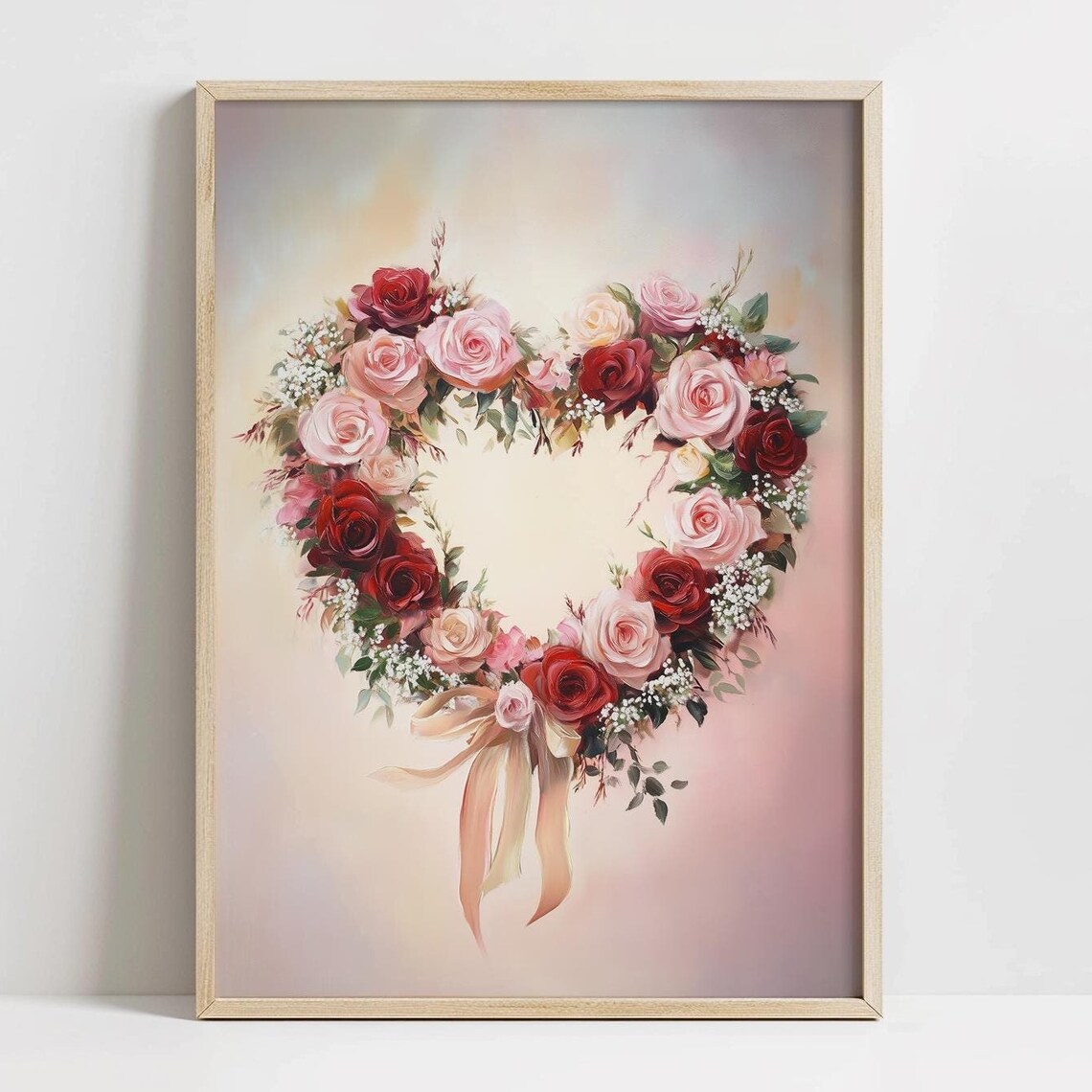 Heart Rose Wreath Ribbon Red Pink Blossoms Romantic Art Print