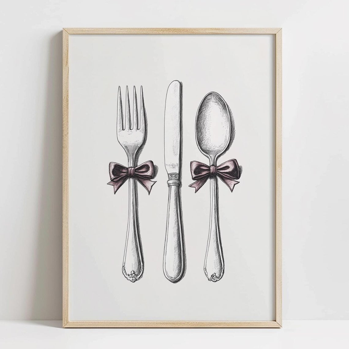 Fork Knife Spoon Sketch Purple Bows Coquette Kitchen Art Poster