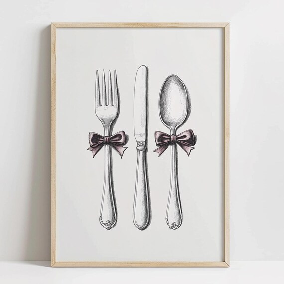 Fork Knife Spoon Sketch Purple Bows Coquette Kitchen Art Poster