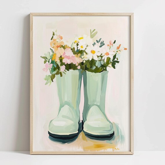 Sage Green Rain Boots Spring Flowers Watercolor Garden Art Print
