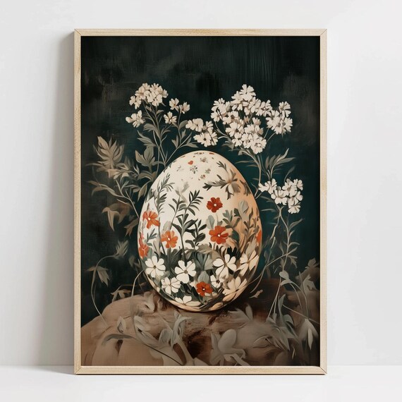 Floral Painted Easter Egg On Dark Botanical Background Poster