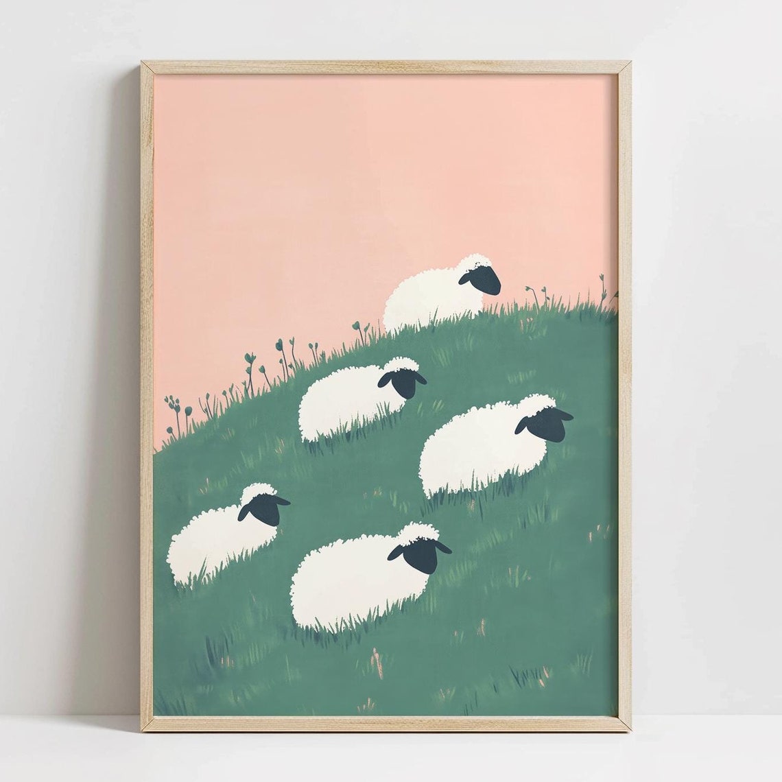 Five Sheep Grazing On Green Hillside Soft Pink Sky Kids Poster