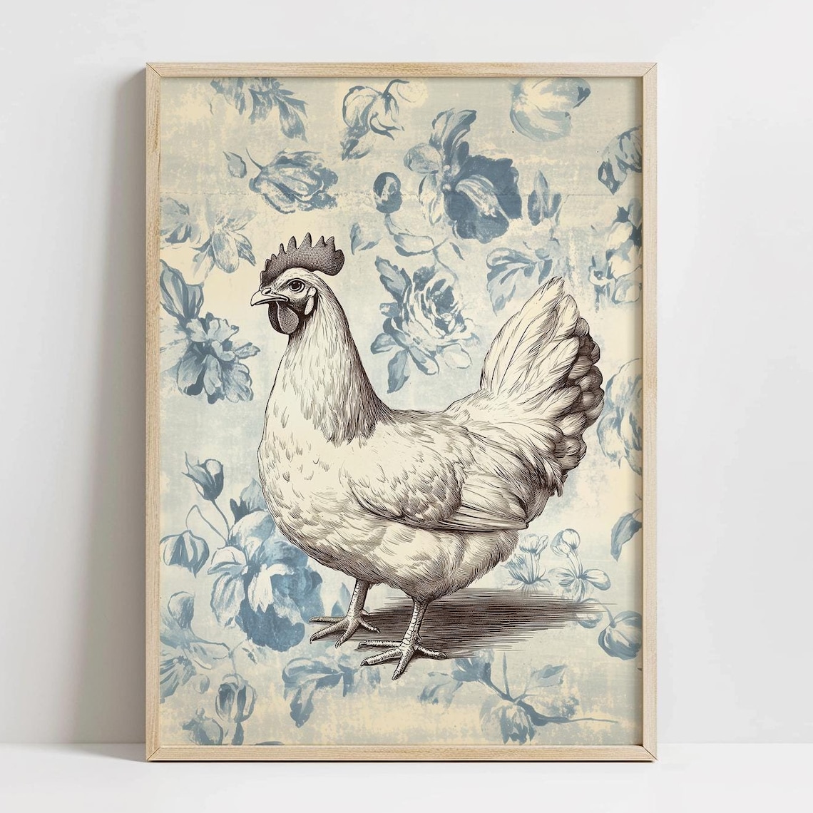 White Hen Blue Floral Toile Vintage French Country Animal Print