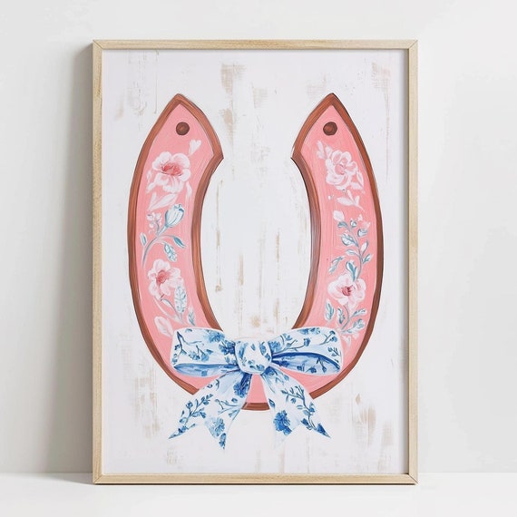 Cute Coquette Pink Horseshoe Print Country Western Decor Girly Lucky Day Wall Art Pink Coquette Cowgirl Decor Blue Floral Bow