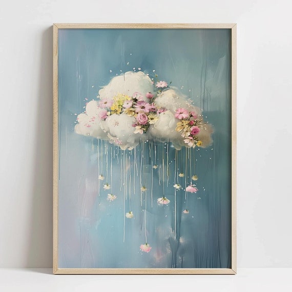 Cute Little Flower Raincloud Art Print, Spring Farmhouse