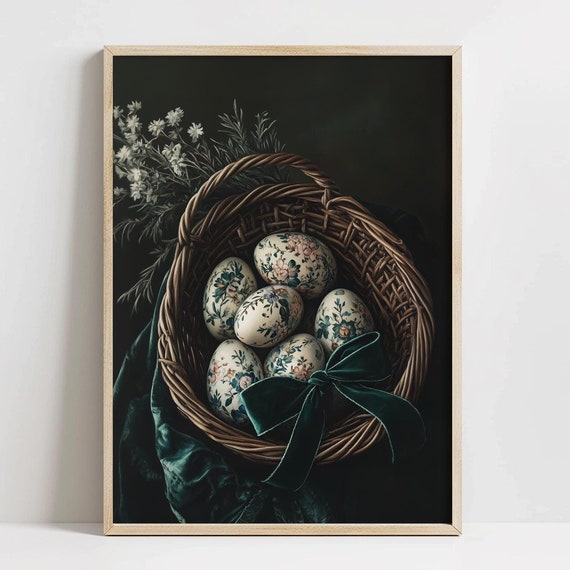 Moody Green Easter Basket Print Muted Eggs Art Farmhouse Easter Decor Dark Cottagecore Wall Art Cozy Moody Spring Home Decor