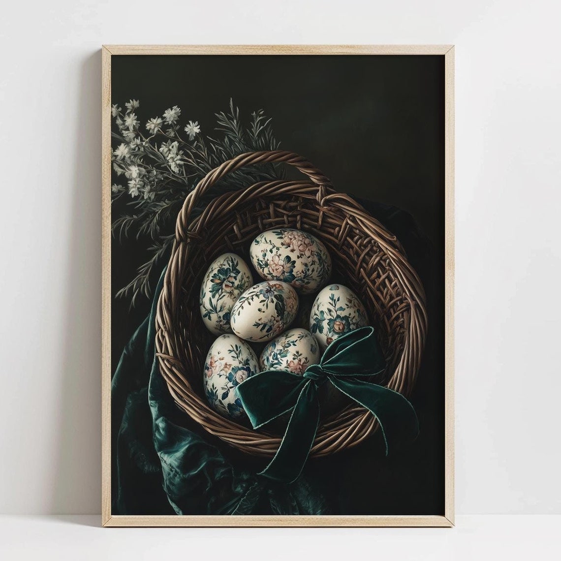 Floral Easter Eggs Basket Velvet Bow Moody Dark Spring Print