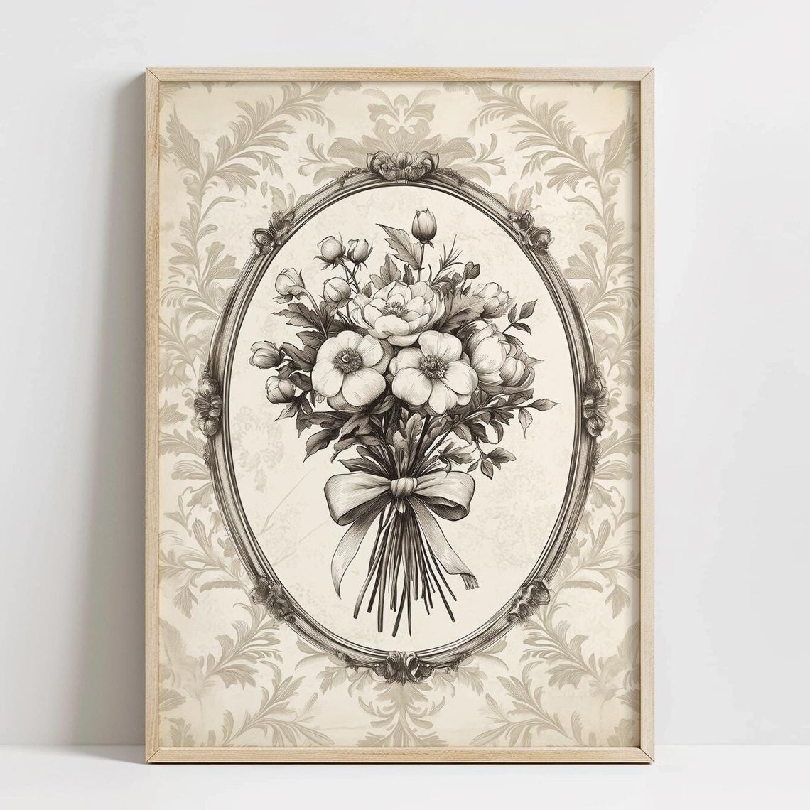 Sepia Floral Bouquet with Bow in Ornate Oval Frame Vintage Print