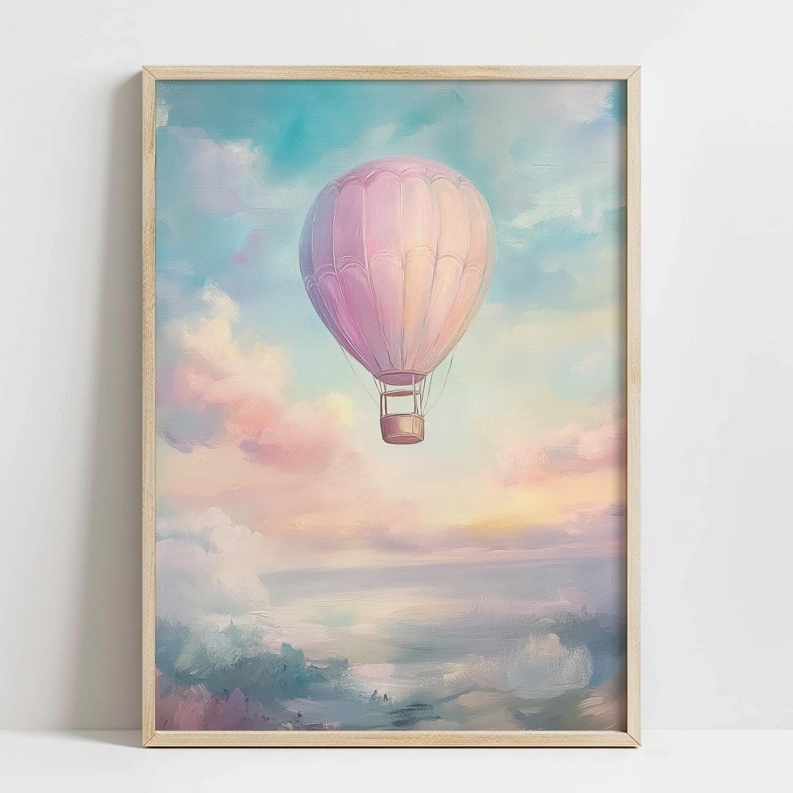 Pastel Pink Hot Air Balloon Poster Whimsical Nursery Art Pink Blue Kids Room Painting Girls Nursery Playroom Art