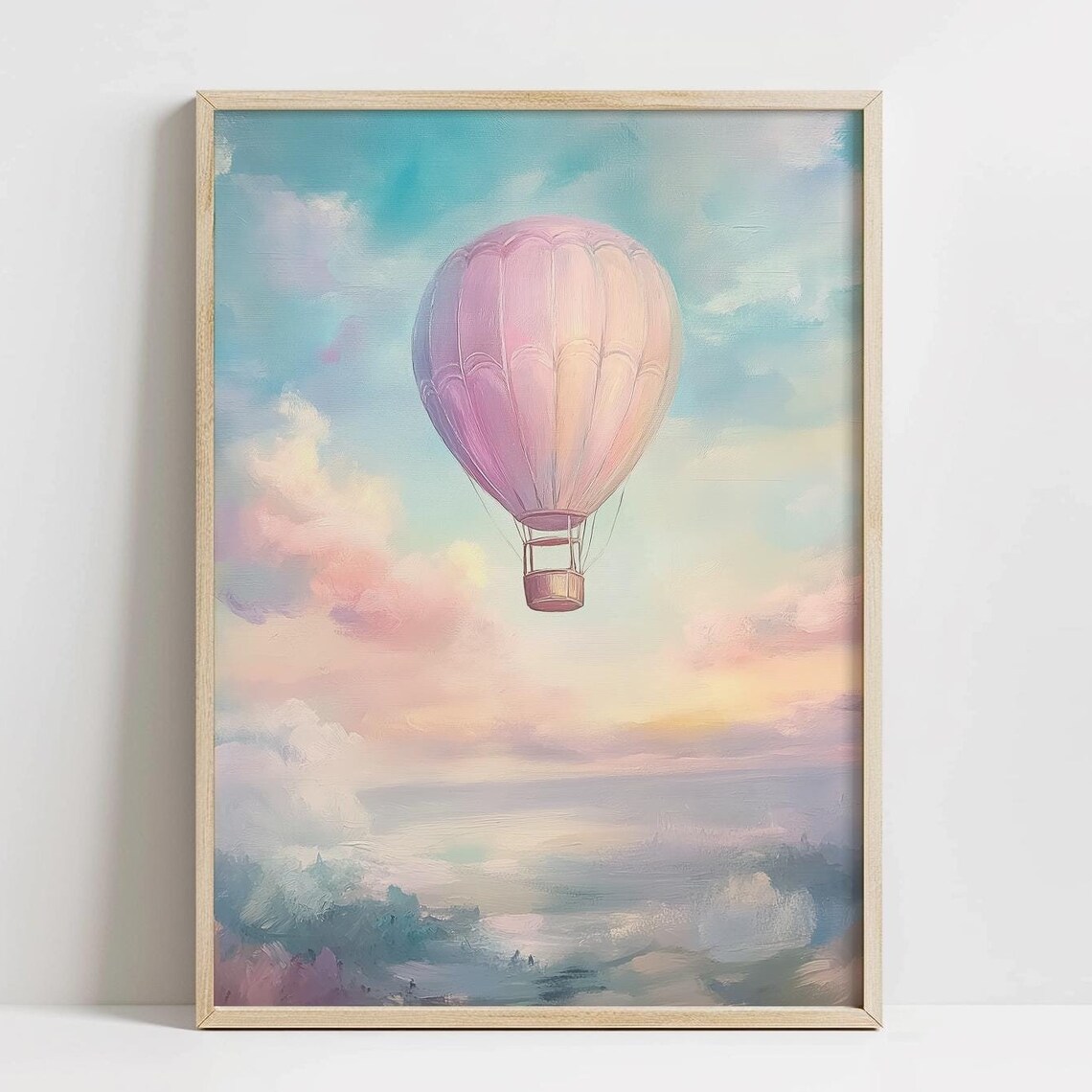 Pink Hot Air Balloon Pastel Clouds Dreamy Sky Adventure Art Poster