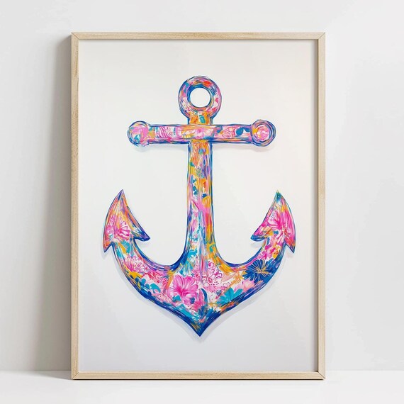 Floral Anchor Watercolor Preppy Coastal Nautical Pink Blue Poster