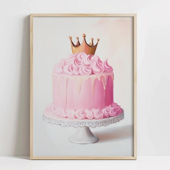 Preppy Pink Princess Cake Print Cute Pink Food Art Gold Crown Nursery Decor Kitchen Shelf Art Pink Coquette Dorm Room