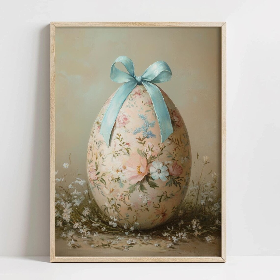 Pastel Floral Easter Egg with Blue Bow among Wildflowers Art Poster