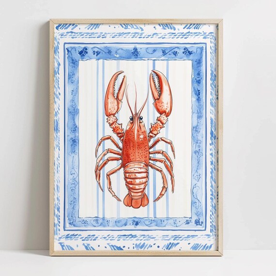 Trendy Blue Red Lobster Art Print Beachy Home Decor Grandmillenial Beach Cottage Wall Art Seafood Poster Print