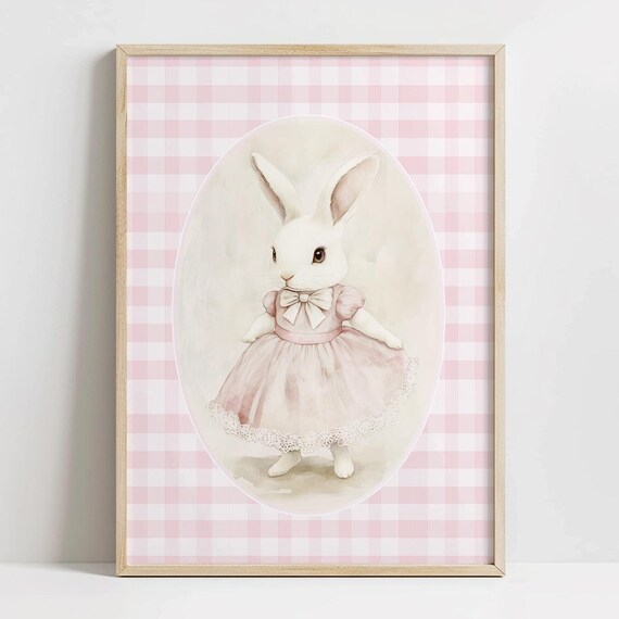 Sweet Pink Gingham Bunny in Tutu Dress Girls Nursery Decor Poster