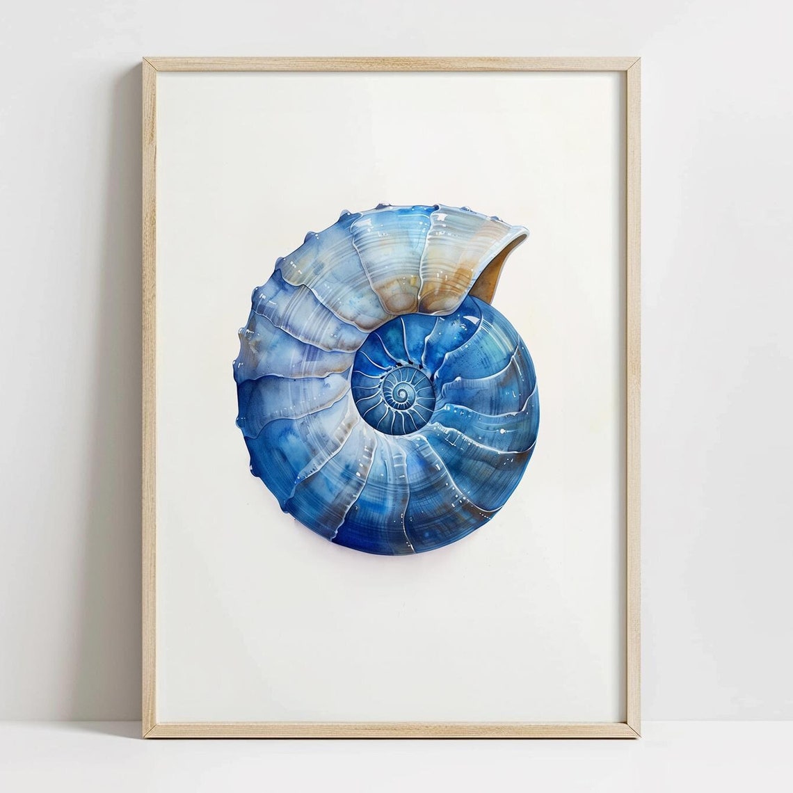 Blue Nautilus Shell Watercolor Beach Coastal Room Decor Poster