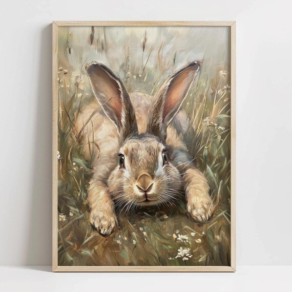Brown Hare Close Up Tall Grass Realistic Oil Painting Poster