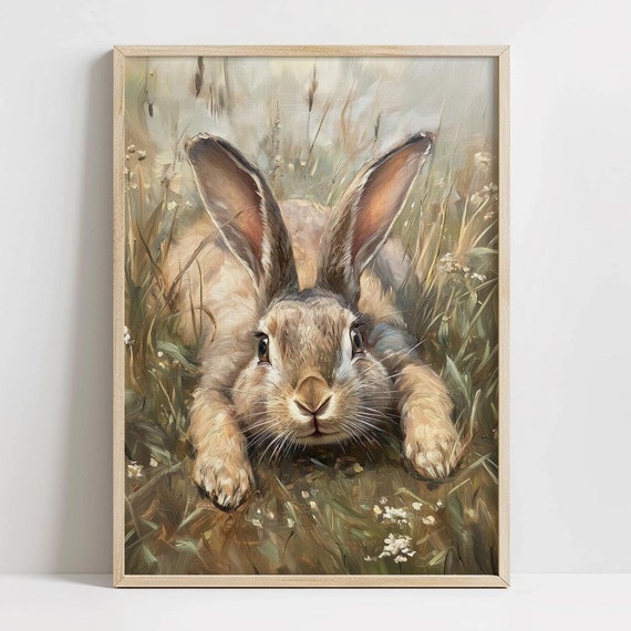 Funny Vintage Brown Rabbit Print Cute Easter Nursery Art Unique Easter Bunny Decor Spring Wall Art Cottagecore Rabbit Print