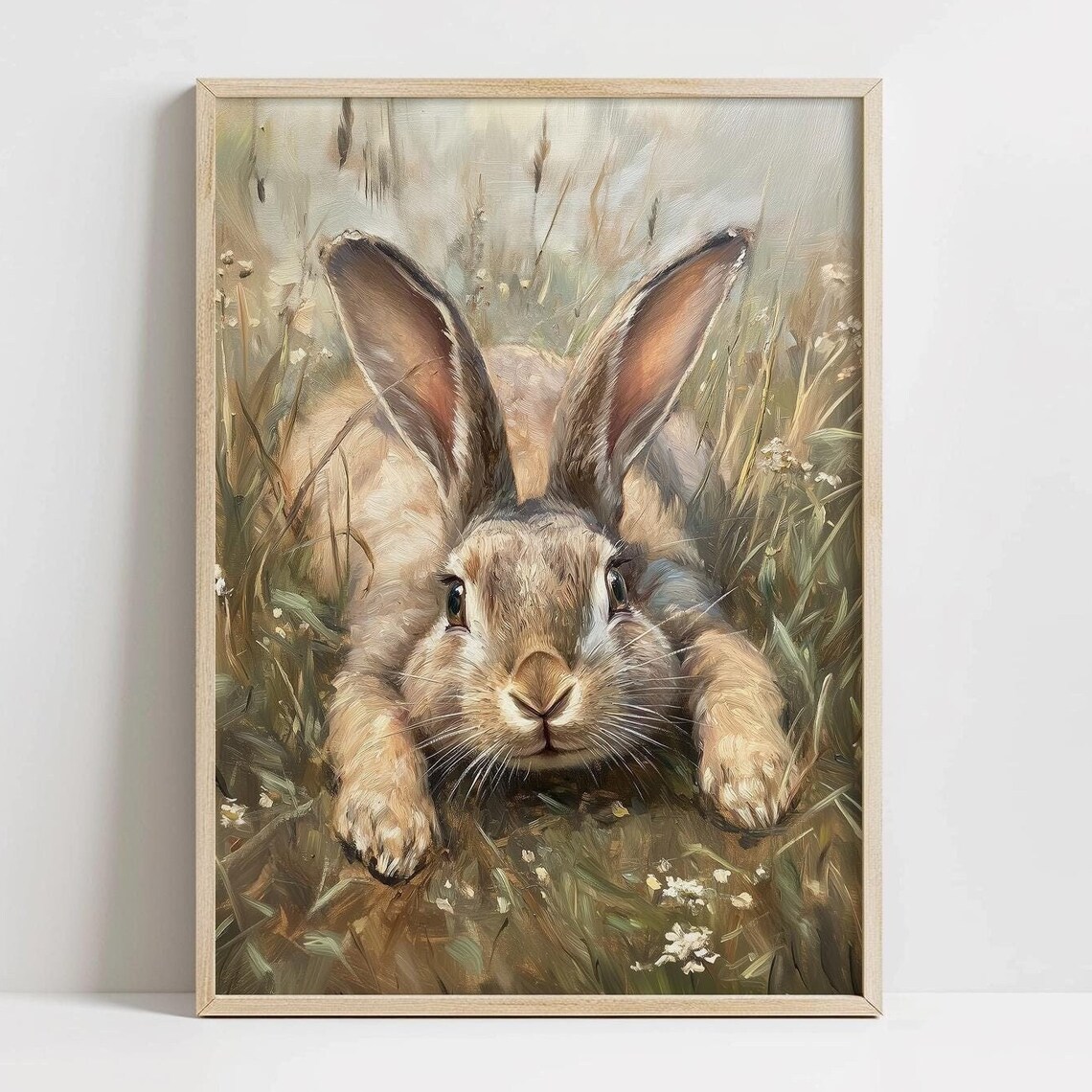 Brown Hare Close Up Tall Grass Realistic Oil Painting Poster