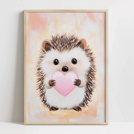 Cute Valentines Hedgehog Print Nursery Art Pink Spring Decor Girly Pink Art Adorable Hedgehog Print Whimsical Valentines Day