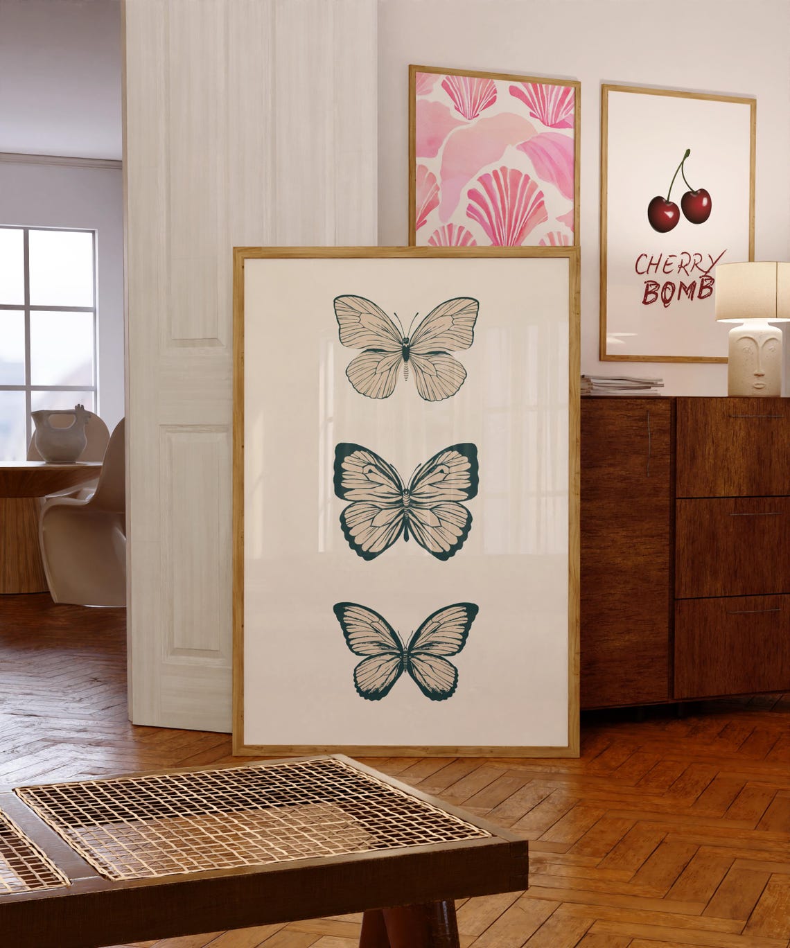 Green Butterfly Trio Poster Minimalist Botanical Wall Decor Cream - Image 2