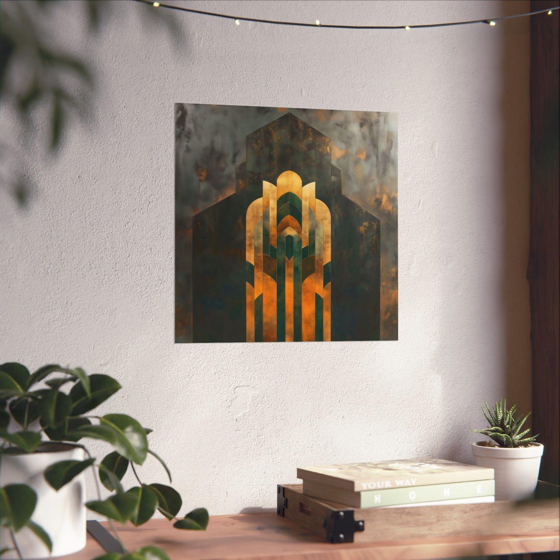 Gold Chevron Arch On Smoky Green Geometric Art Deco Square Poster