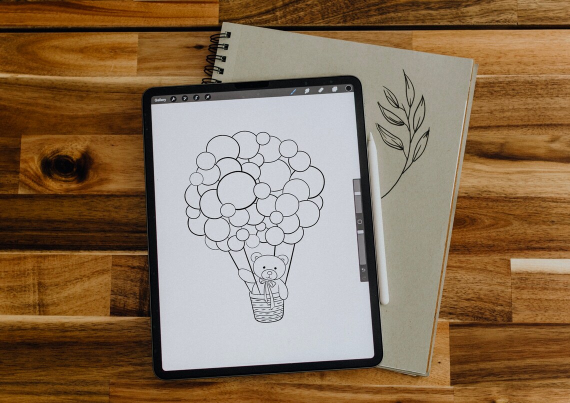 Teddy Bear Hot Air Balloon Line Art Coloring Page Drawing for Kids Poster
