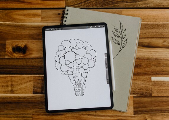Teddy Bear Hot Air Balloon Line Art Coloring Page Drawing for Kids Poster