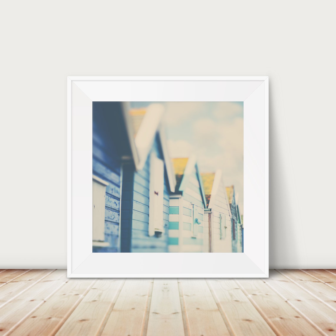 Pastel Blue Beach Huts Row Seaside Photography Square Art Poster