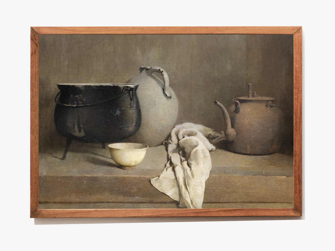 Rustic Kitchen Still Life Vintage Cauldron Jug Kettle Art Print - Image 3