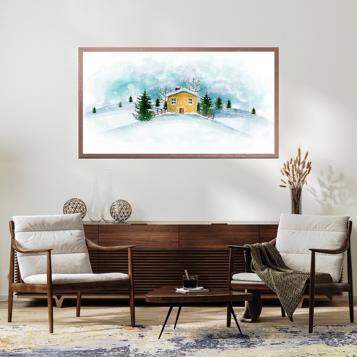 Cozy Winter Cabin Snowy Pines Watercolor Holiday Seasonal Art Poster - Image 2