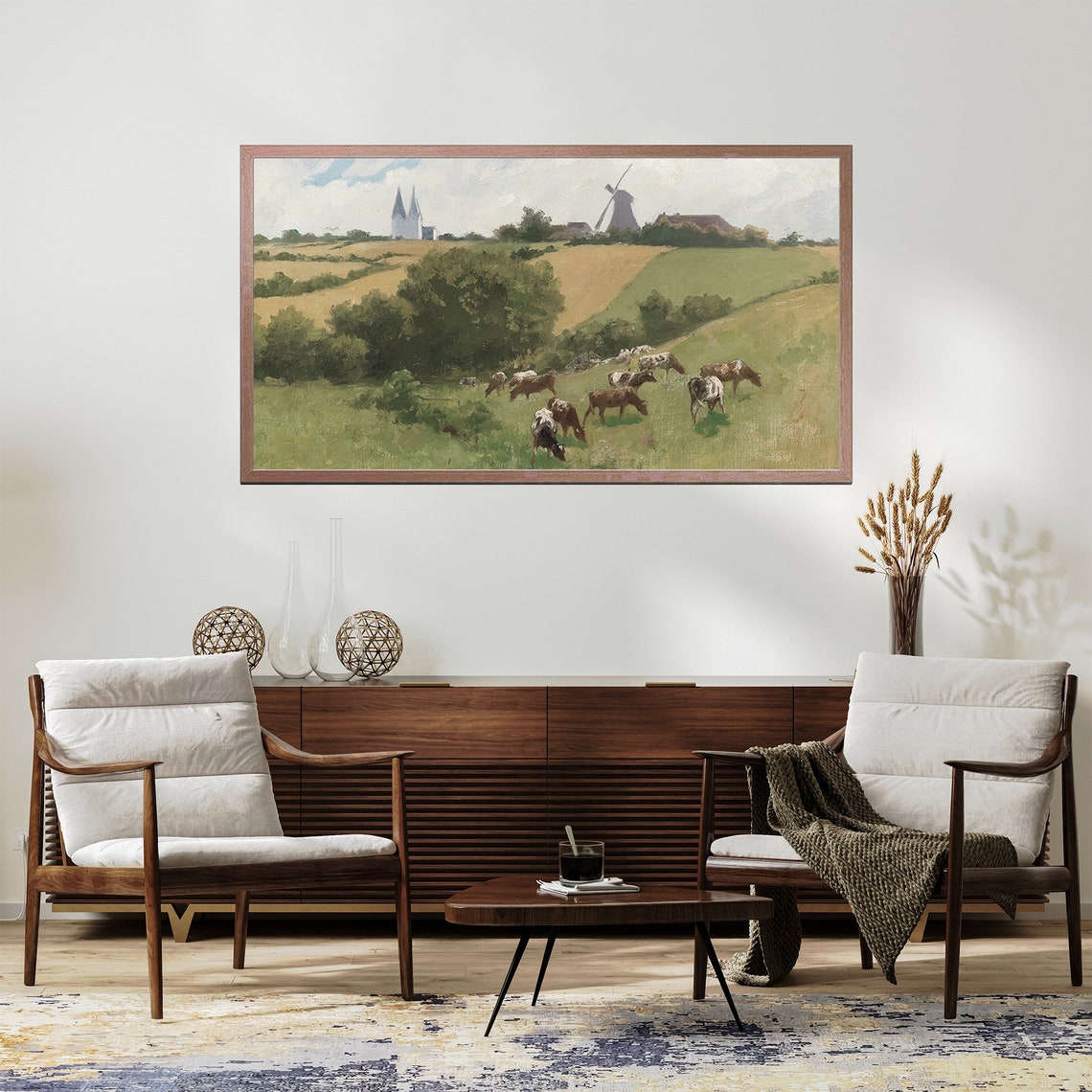 Cows Grazing Green Pasture Windmill Church Vintage Landscape Poster - Image 2
