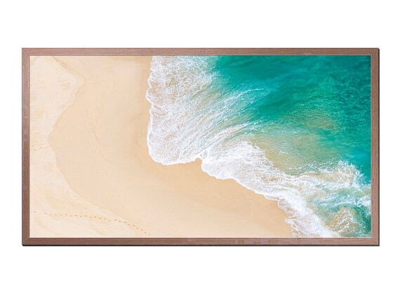 Aerial Beach Turquoise Ocean Waves Golden Sand Coastline Drone View Poster