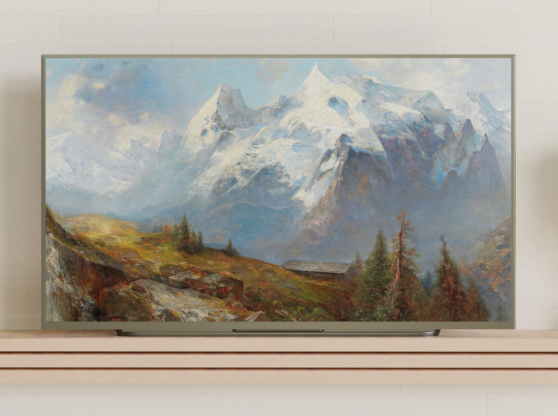 Snowy Alpine Mountain Peaks Vintage Oil Painting Rustic Cabin Wall Art - Image 3