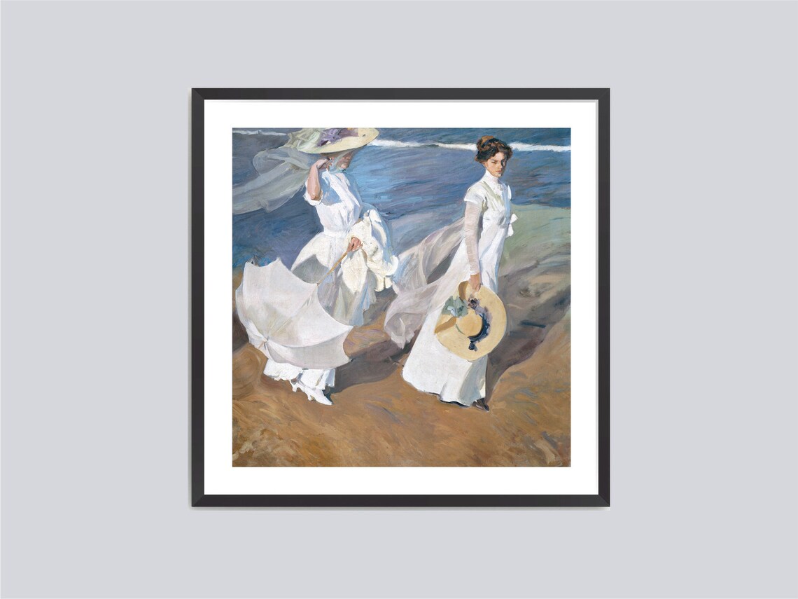 Sorolla Strolling Along The Seashore Women White Dresses Beach Art Poster - Image 3