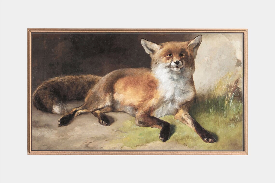 Red Fox Resting on Grass Vintage Oil Painting Wildlife Art Poster