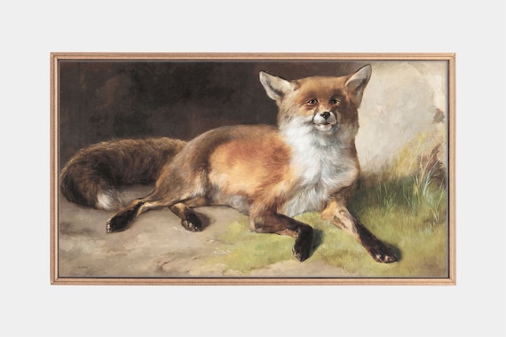 Red Fox Resting on Grass Vintage Oil Painting Wildlife Art Poster