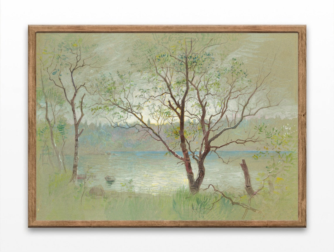Delicate Tree Study By Calm Lake Vintage Sketch Landscape Art Poster