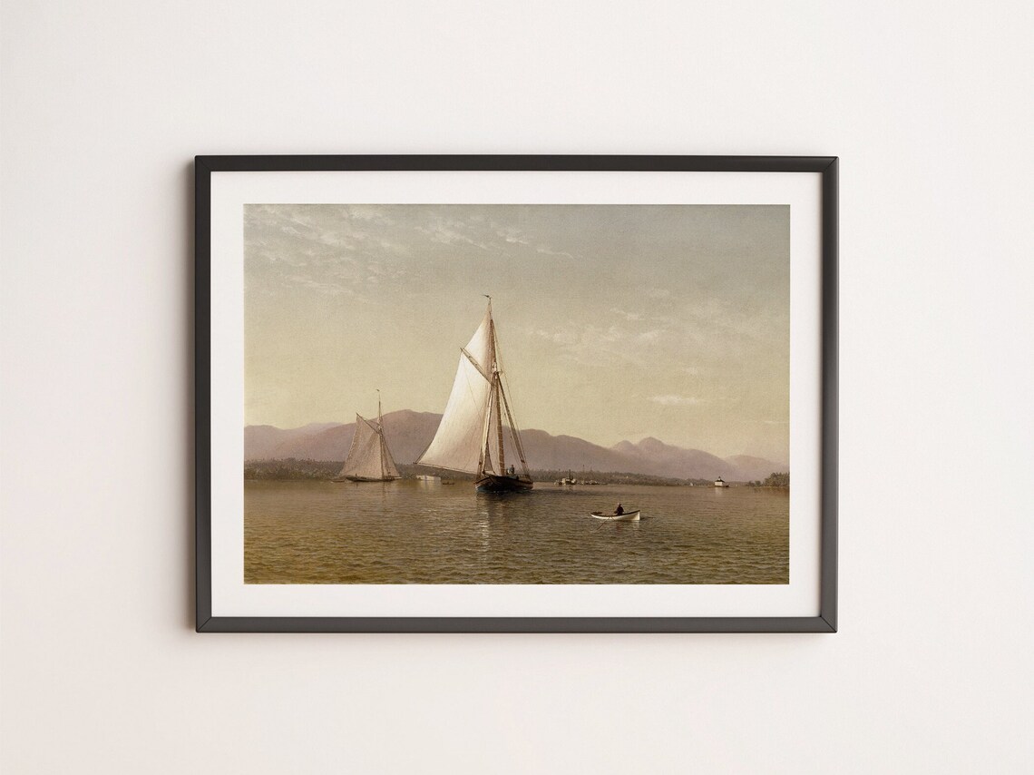 Sailboats On Calm Water With Mountain Shoreline Vintage Nautical Oil Poster - Image 4
