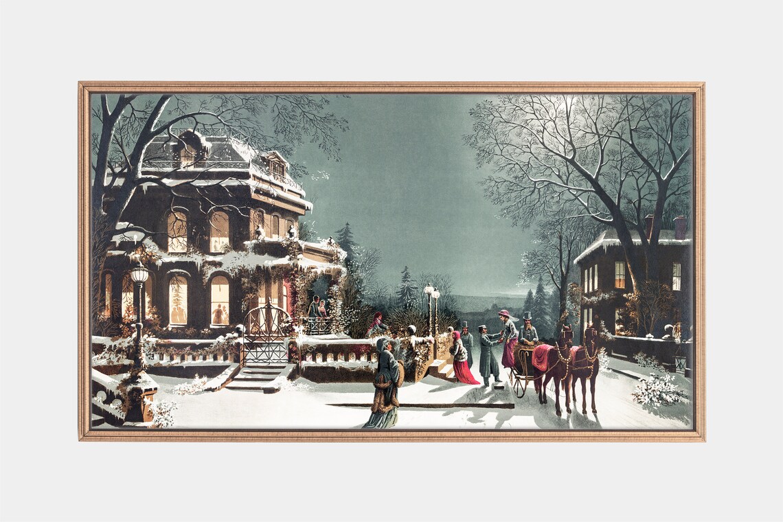 Victorian Christmas Eve Snowy House Horse Carriage Vintage Art Poster - Image 3