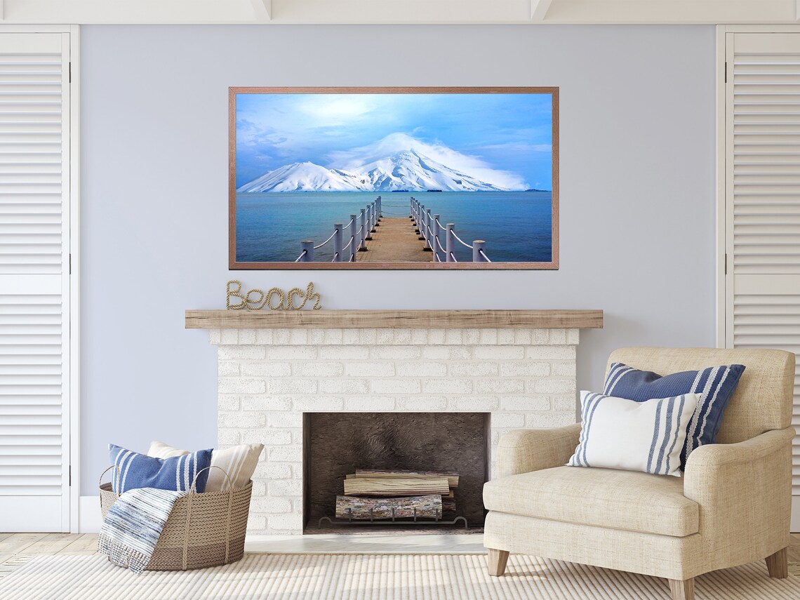 Wooden Pier To Snow Capped Volcanic Island Blue Sea Landscape Poster - Image 2
