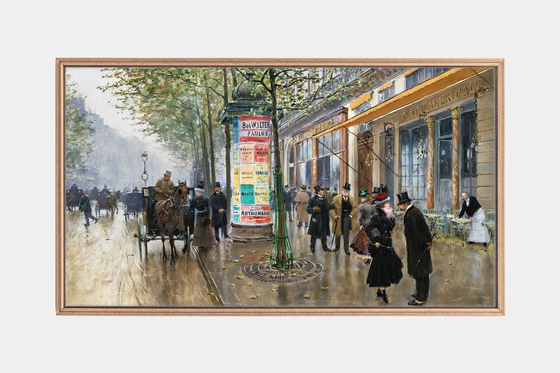 Paris Grand Boulevards with Cafe and Carriages Vintage Street Poster