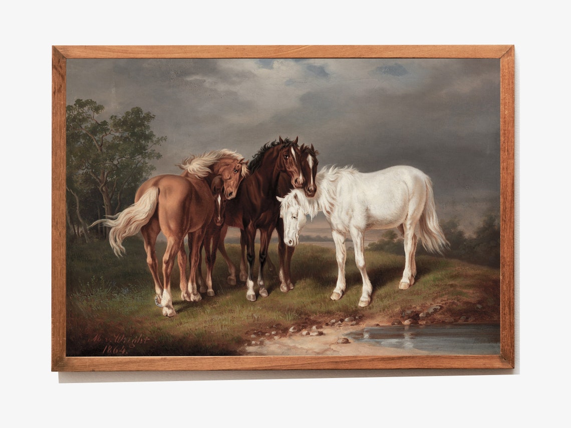 Three Horses Nuzzling By Stream Antique 1864 Equestrian Art Poster - Image 3