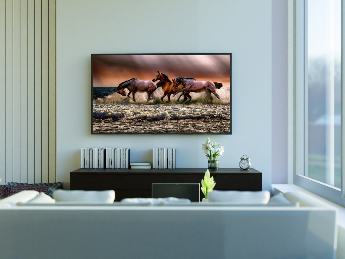 Horses Galloping Ocean Surf Dramatic Sunset Wildlife Action Art Poster - Image 2
