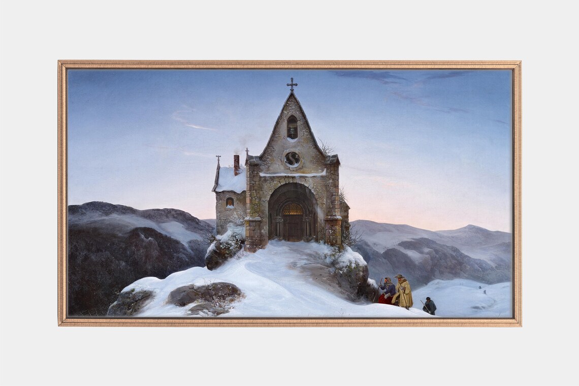 Stone Chapel Snowy Mountain Dusk Travelers Vintage Painting Art Print