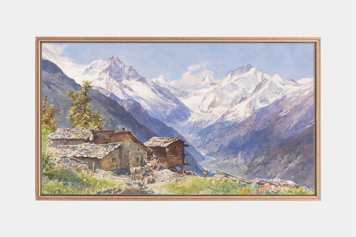 Alpine Chalets Below Snow Capped Peaks Watercolor Mountain Poster